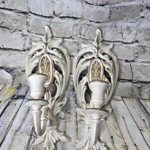 Pair 2 Syroco 1962 No. 4331 Wall Mount Candle Holders Cream & Gold 14.75 Inches